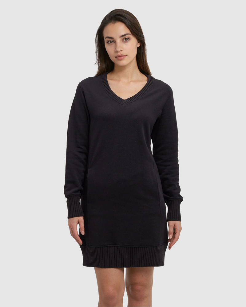Black-Women_s-V-neck-Fleece-Dress