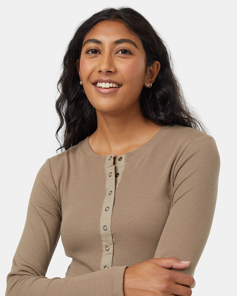 Womens Rib Snap Placket Henley | Recycled Materials