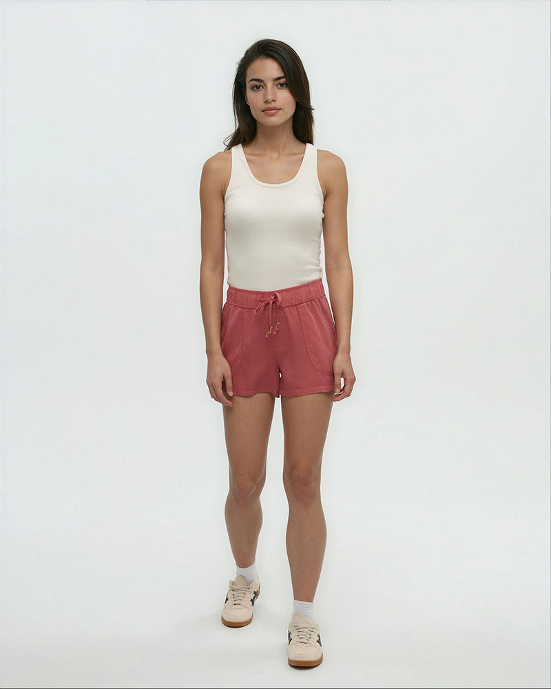 Red-Tencel-Twill-Mid-Rise-Pull-On-Short