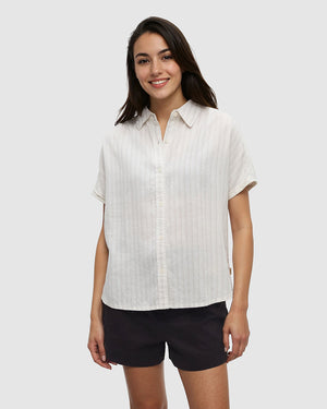 White-Relaxed-Breathable-Button-Up-Shirt *Model is 5'9", wearing size S