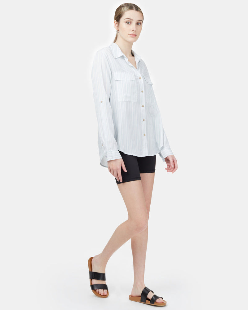 Blue,White Women's Tencel Long Sleeve Button Up