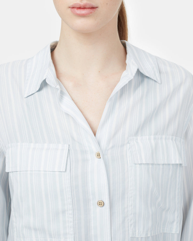 Blue,White Women's Tencel Long Sleeve Button Up