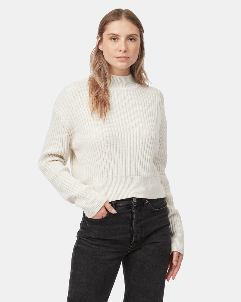 Beige Ribbed Sweater Womens Highline Rib Cropped Mock Neck | Recycled Polyester